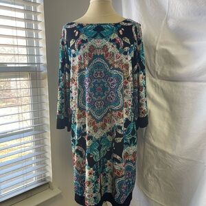 Nicole Miller Black and Blue Patterned Long Sleeve Dress